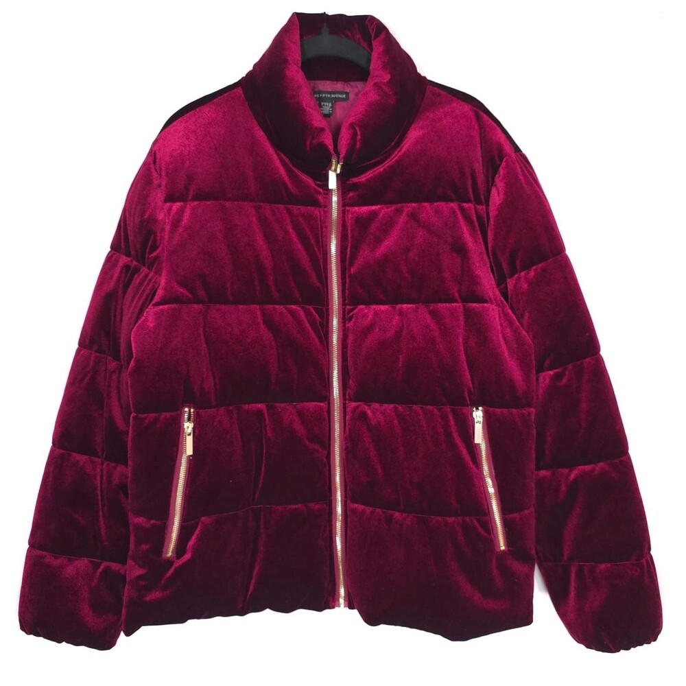 SAKS FIFTH AVENUE Size LARGE Burgundy Velvet Full Zip Puff Jacket Black Label